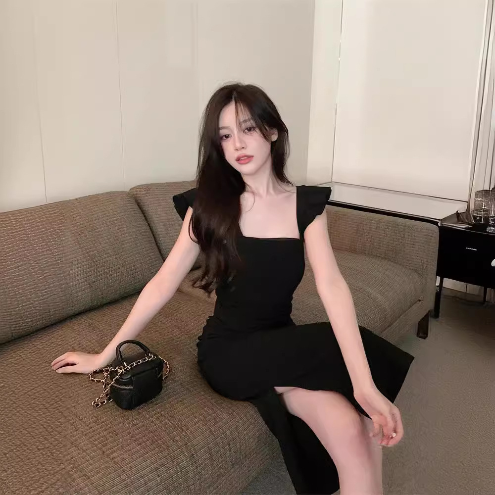 XX5135 High quality tea break flying sleeve pink suspender dress female summer temperament gentle