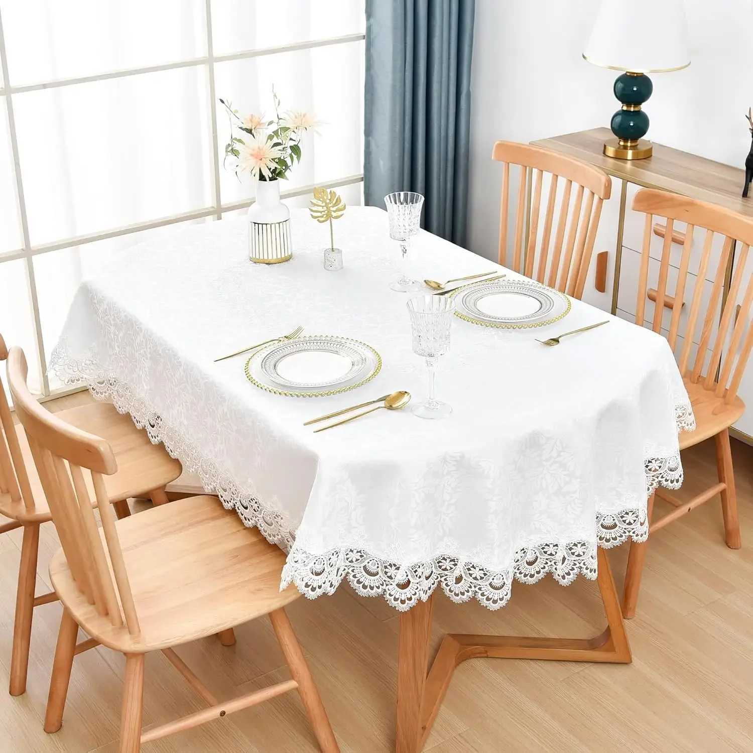 Elegant White Lace Jacquard Oval Tablecloth for Home Decoration 60x84 Inches C251122