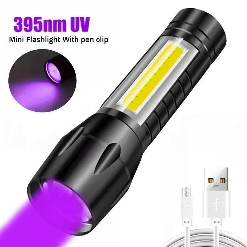 USB Rechargeable Mini UV Flashlight Zoomable Ultraviolet Torch Portable Inspection Light 365nm Pet Detector Violet Flashlights C251122