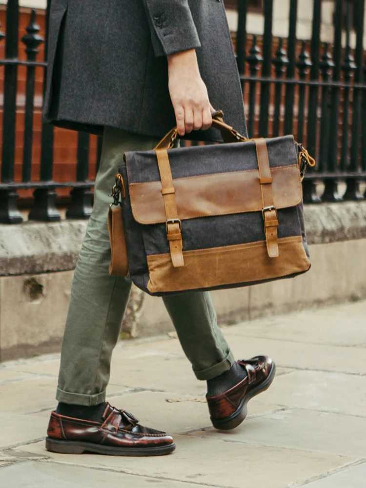 Oil wax canvas handbag mens waterproof shoulder bag retro canvas leather briefcase 14 inch laptop messenger bag W250422