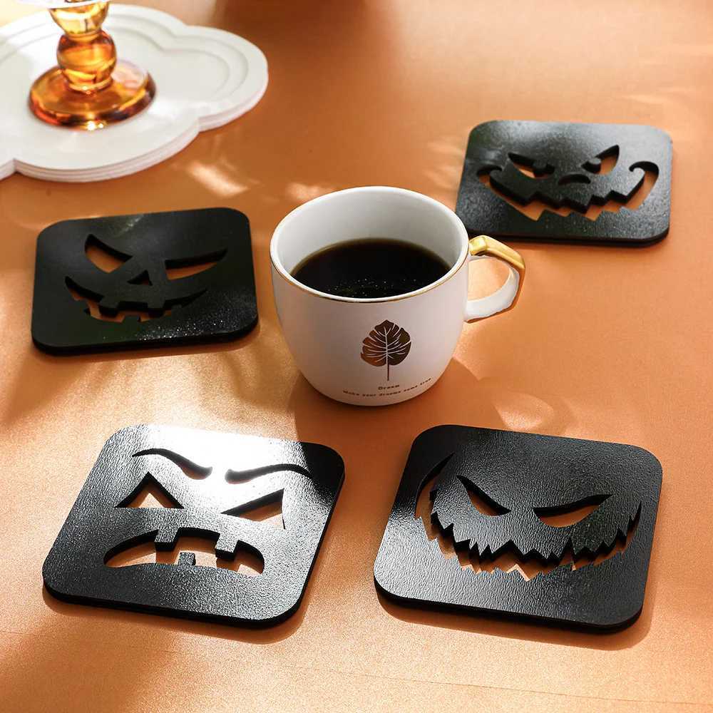 4-Piece Set of Black White Pumpkin-Shaped Wooden Coasters Halloween Collection for Home Bar Decor C251122