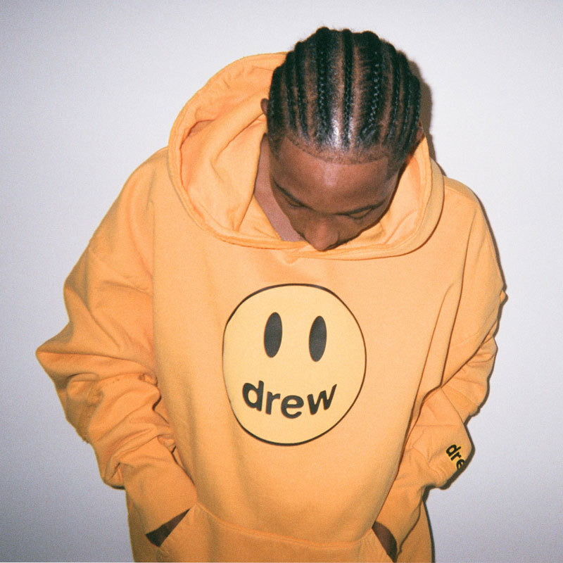 Drew House DREW Justin Bieber Smiling Face Hoodie with Yellow Fleece Lining Loose Hooded Sweatshirt for Men and Women