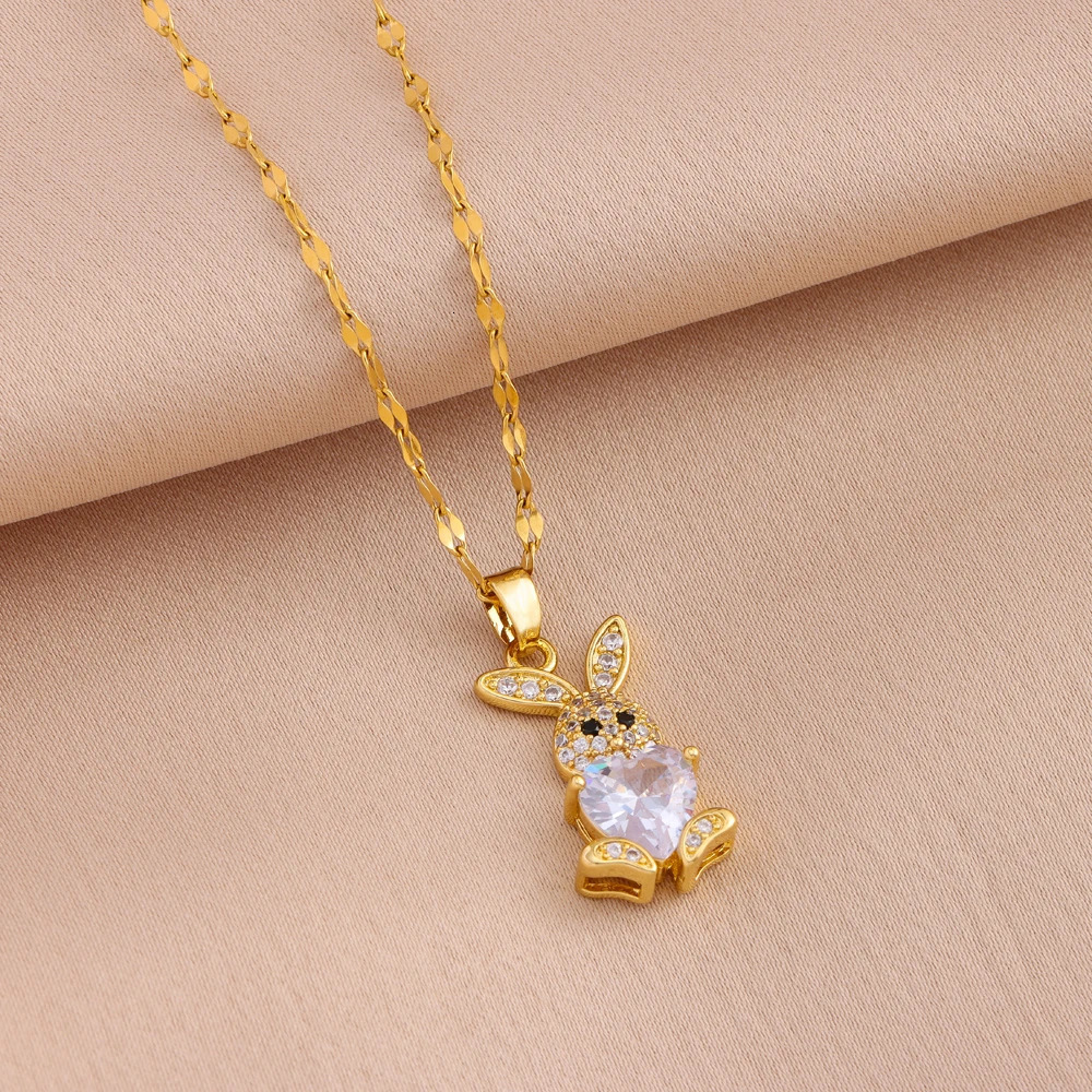 316L Stainless Steel Cute Zircon Rabbit Necklaces Earrings For Women Trendy Female Jewelry Set Girls Fashion Clavicle Chain 251114