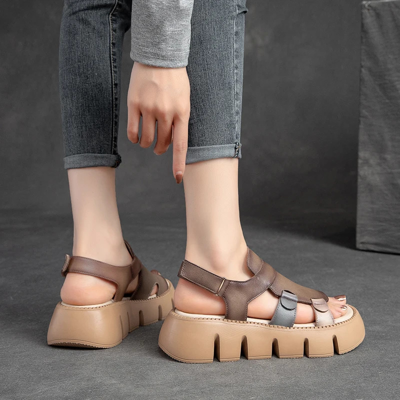 Drkanol Handmade Genuine Leather Sandals Womens ner y Hook and Loop Wedge Platform Casual Summer Shoes 250421BJ - view 6