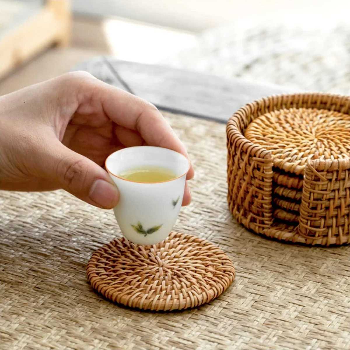 6Pcs Japan Style Sado Supplies Rattan Coasters Tableware Mats Handmade Tea Ceremony Tableware Set INS Style Desktop Decorations C251122
