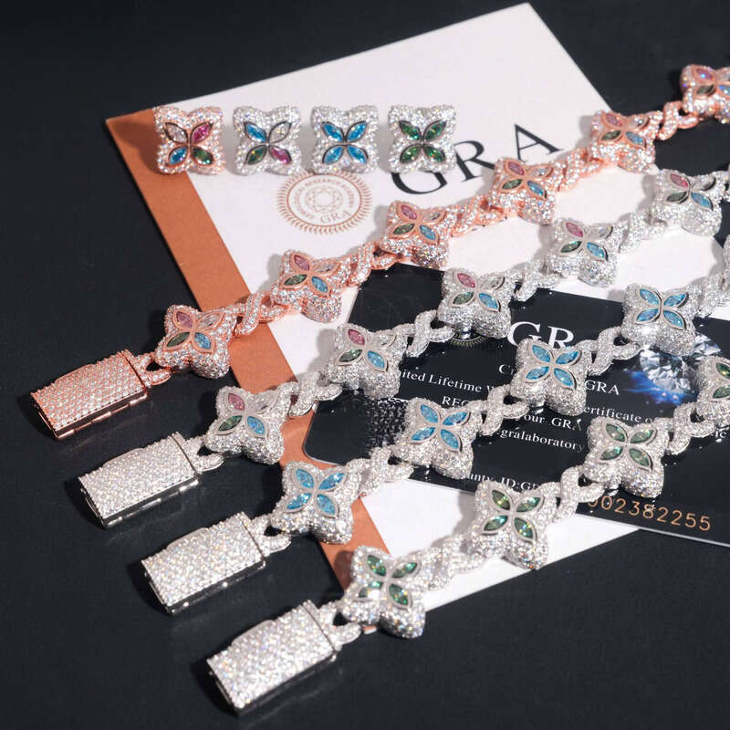 Hip-Hop Sier 18mm Wide Colorful Clover Chalcedony Bracelet with Earrings Iced Out Unisex Boutique Jewelry Set