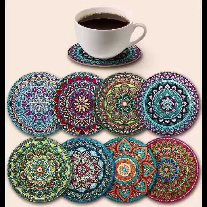 8pcs Wooden Mandala Coasters Set - Holiday/Party Essential for Bar Office Home Decor C251122