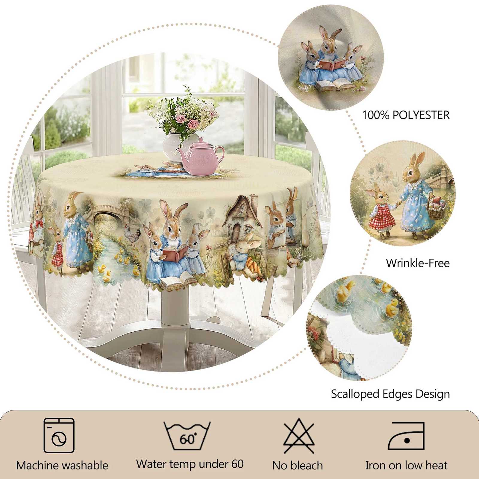 1 Easter Round Tablecloth 5 Sizes Available Retro Easter Bunny Egg Flower Print Square Tablecloth Edge Embossing Process Easter Spring C251122