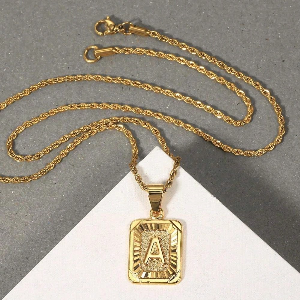 14K Gold Plated Stainless Steel A-Z Letter Necklaces for Women Men Initial Name Pendant with 3mm Twisted Rope Chain English Alphabet Jewelry Gift