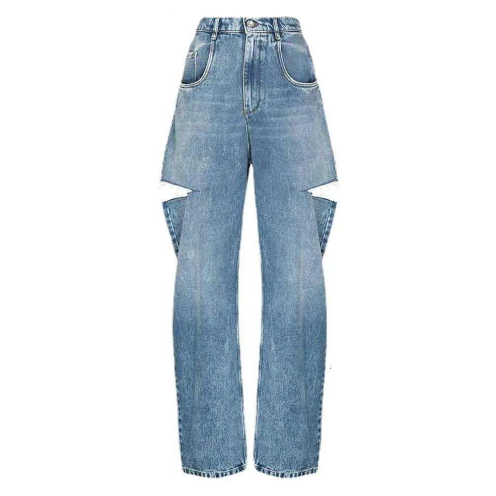 DEAT Women's Loose High Waist Wide Leg Denim Pants Hollow Out Blue Long Straight Jeans Spring 2025 New Fashion L2901h