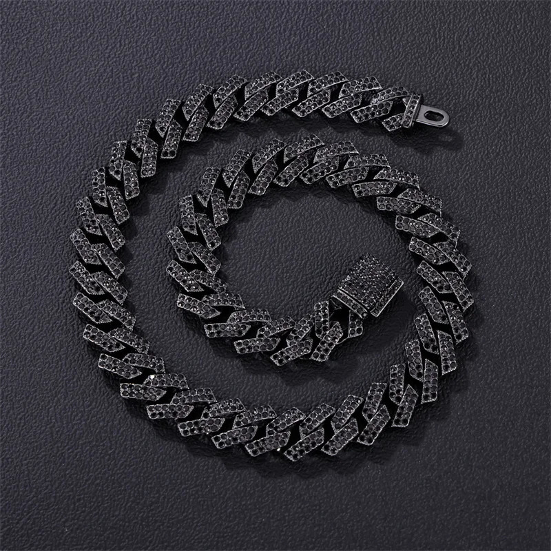 D Z Hip Hop Black Color 15MM Cuban Link Chain 2 Row Black Iced Out Rhinestones Rapper Necklaces For Men Women Choker Jewelry 250420