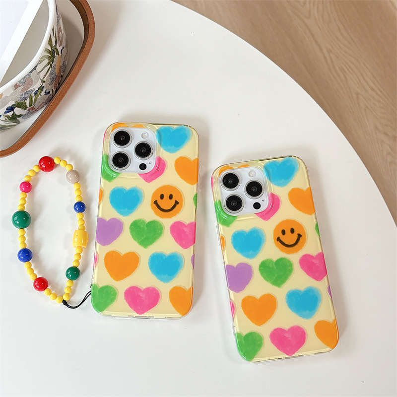 Ins Style Colorful Heart Smiley Face Compatible with iPhone 16/15 Pro Max Phone Case Handheld Chain