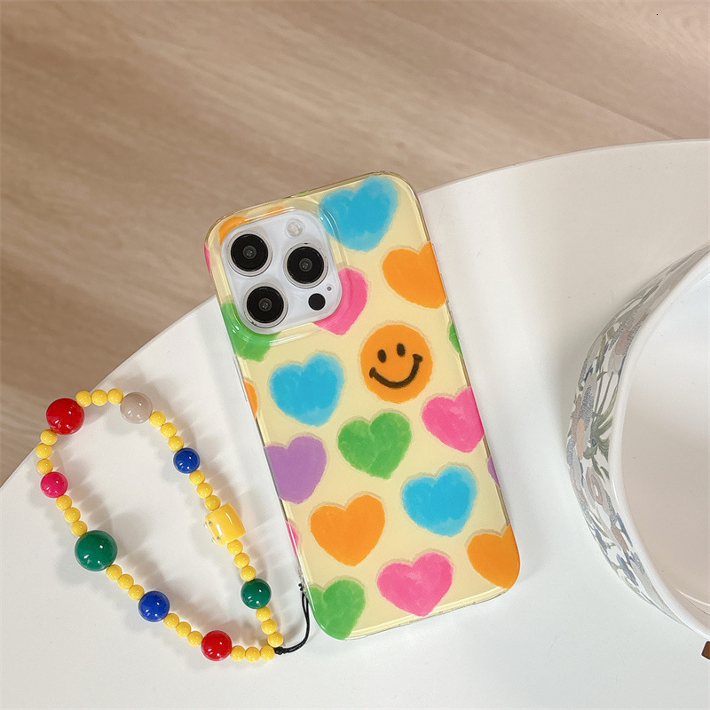 Ins Style Colorful Heart Smiley Face Compatible with iPhone 16/15 Pro Max Phone Case Handheld Chain