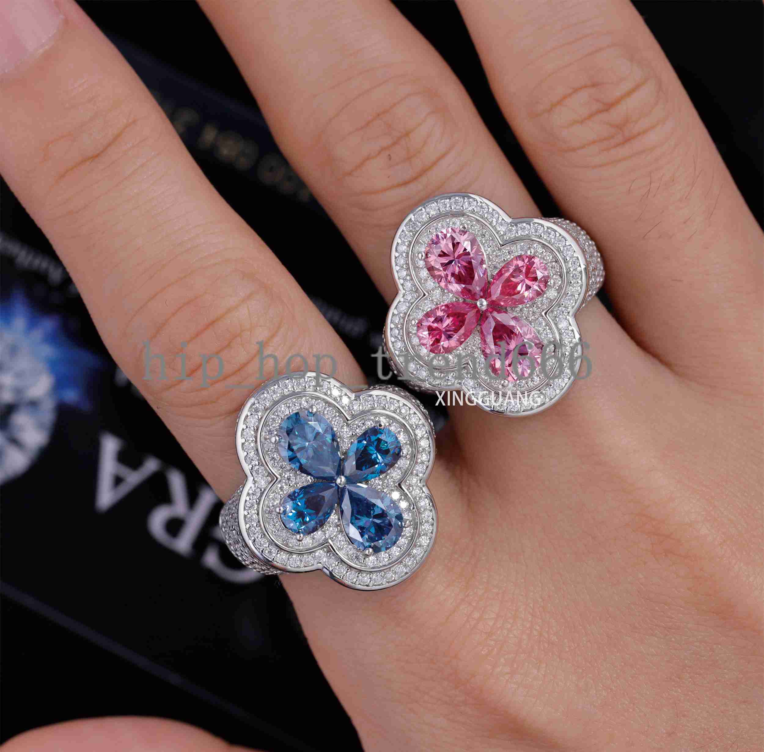Factory Wholesale New Arrival S925 Silver Ring Shiny Pink Moissanite Blue Moissanite Ring Hip Hop Jewelry Clover Ring