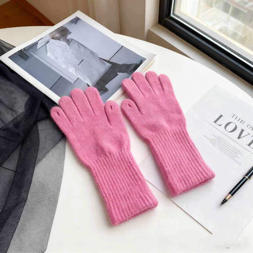 Rabbit Fur Long Fivefinger Gloves Winter Warm Dew Finger Touch Screen Solid Color Versatile Knitted 2758CM 251114