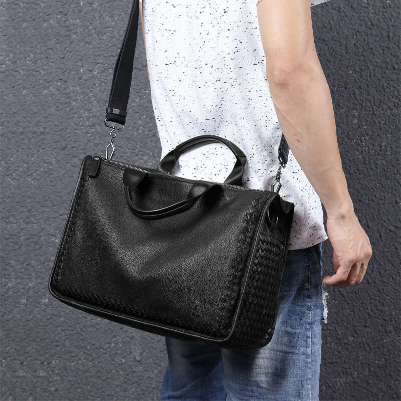 Luxury Bag Designer Genuine Business Single Shoulder Handheld Laptop Sheepskin Briefcase Woven Crossbody Men S Leather Bag
