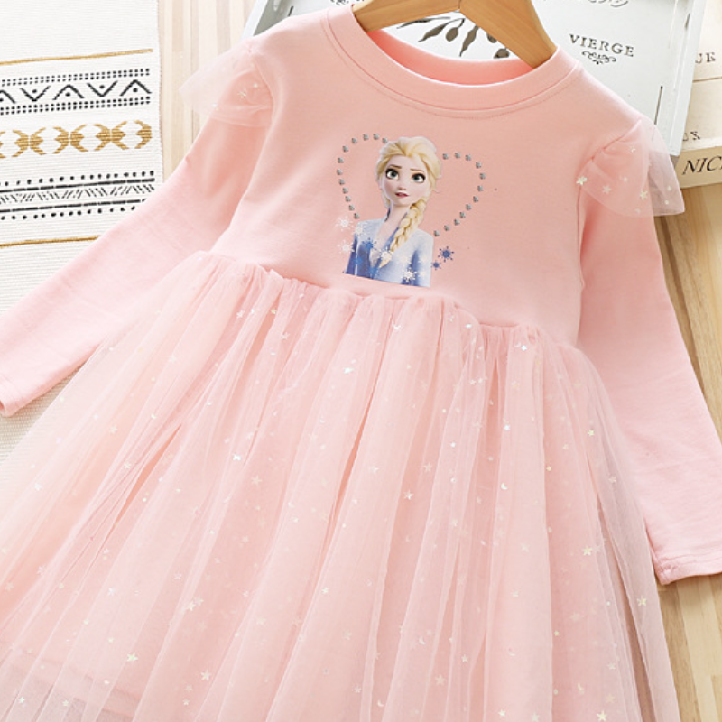 DISNEY kids designer clothes Girl's cotton long-sleeved mesh dress little girl's star Elsa princess dress children's designer clothing 