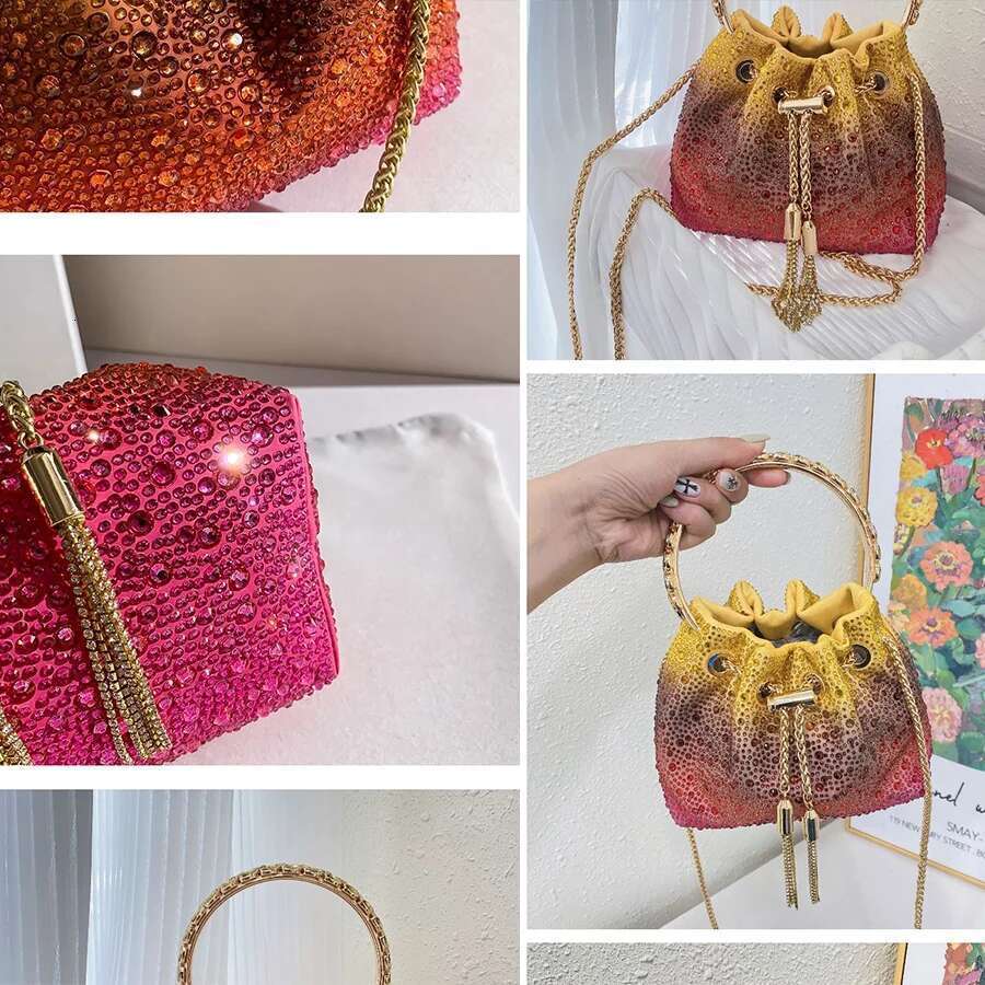 New Tassel Women S Shoulder Metal Ring Dia Bucket Bag Shiny Drawstring Handbag Tote Chain Crossbody Bags Evening Clutch Bag