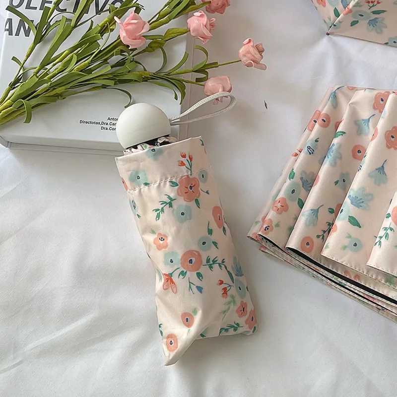 Automatic Manual Sun Umbrella for Both Sunny and Rainy Use Small Floral Black Glue Sun Protection Umbrella Compact and PortableM251122