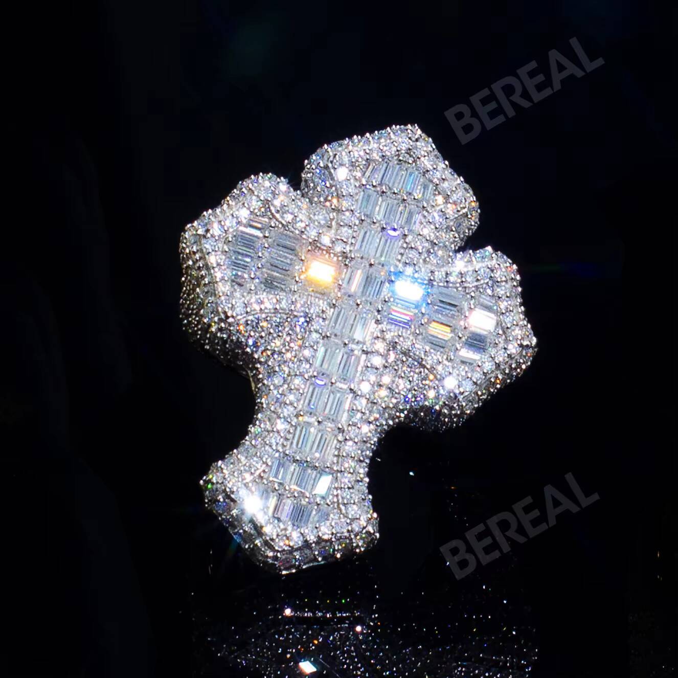 Hot Selling Cross Shape Vvs Moissanite Hip Hop Ring Iced Out Baguette Cut Moissanite 925 Silver Rings Fine Jewelry
