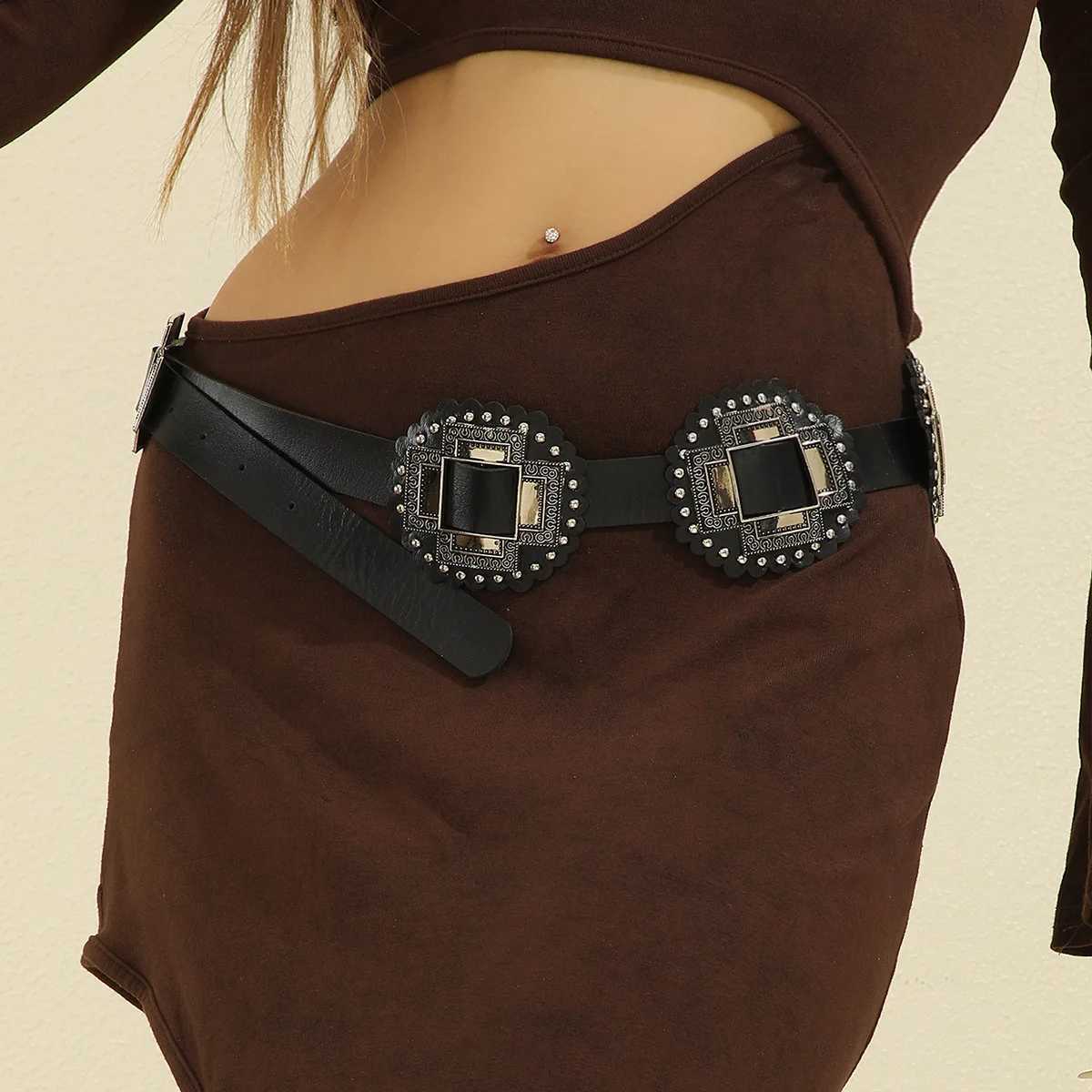 European and American Vintage Street Fashion Hollow Ring PU Leather Splicing Feature Waist Belt Versatile Nail Bead Women Belt J251122