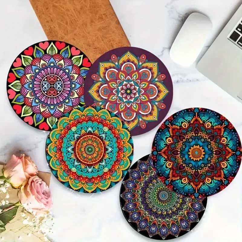 6 sets of mandala pattern art-painted wooden anti-slip coasters suitable for decoration of living room kitchenware C251122