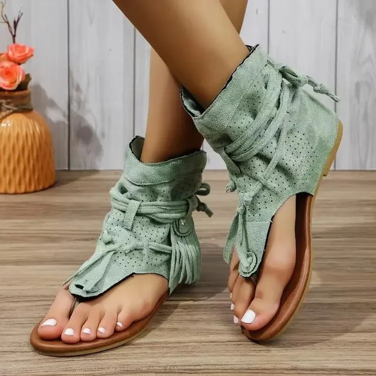 Plus Size Womens Fringed Hollow Out Platform Boots Vintage Style Flat Heel Sandals High Quality Rubber Strap Casual Shoes 250422