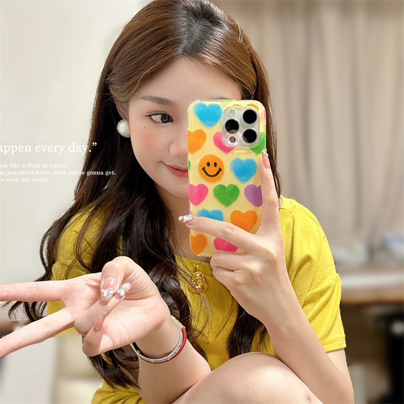 Ins Style Colorful Heart Smiley Face Compatible with iPhone 16/15 Pro Max Phone Case Handheld Chain