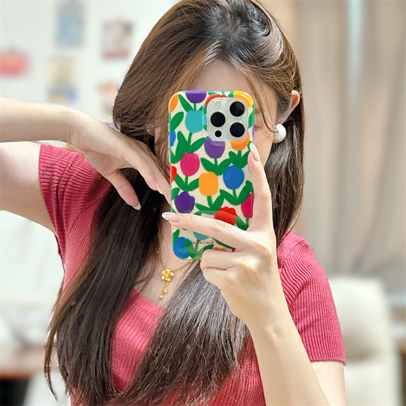 Fresh Colorful Tulip Phone Case for iPhone 16/15 Pro Max New High-end Protective Case iPhone 14/13