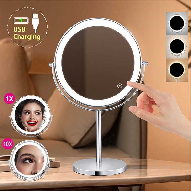 8inch 10X Magnifying LED Makeup Mirror with 3 Color Light Touch Switch Double Side USB Charging Desktop Vanity Cosmetic Mirror M251122