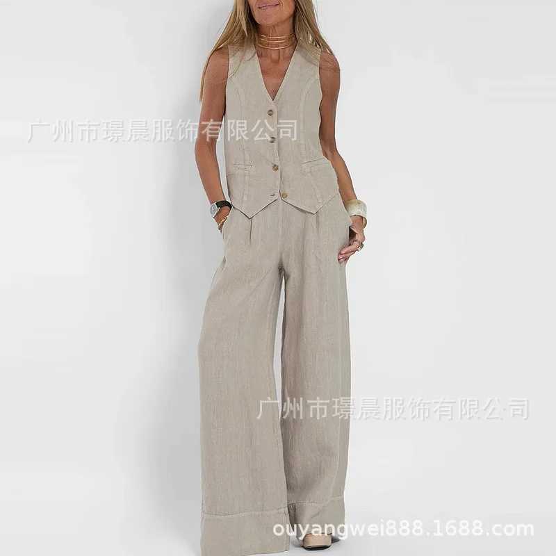 Spring and summer set womens cotton linen wide leg set sleeveless vest pants 2025 casual fashion setXJ250421