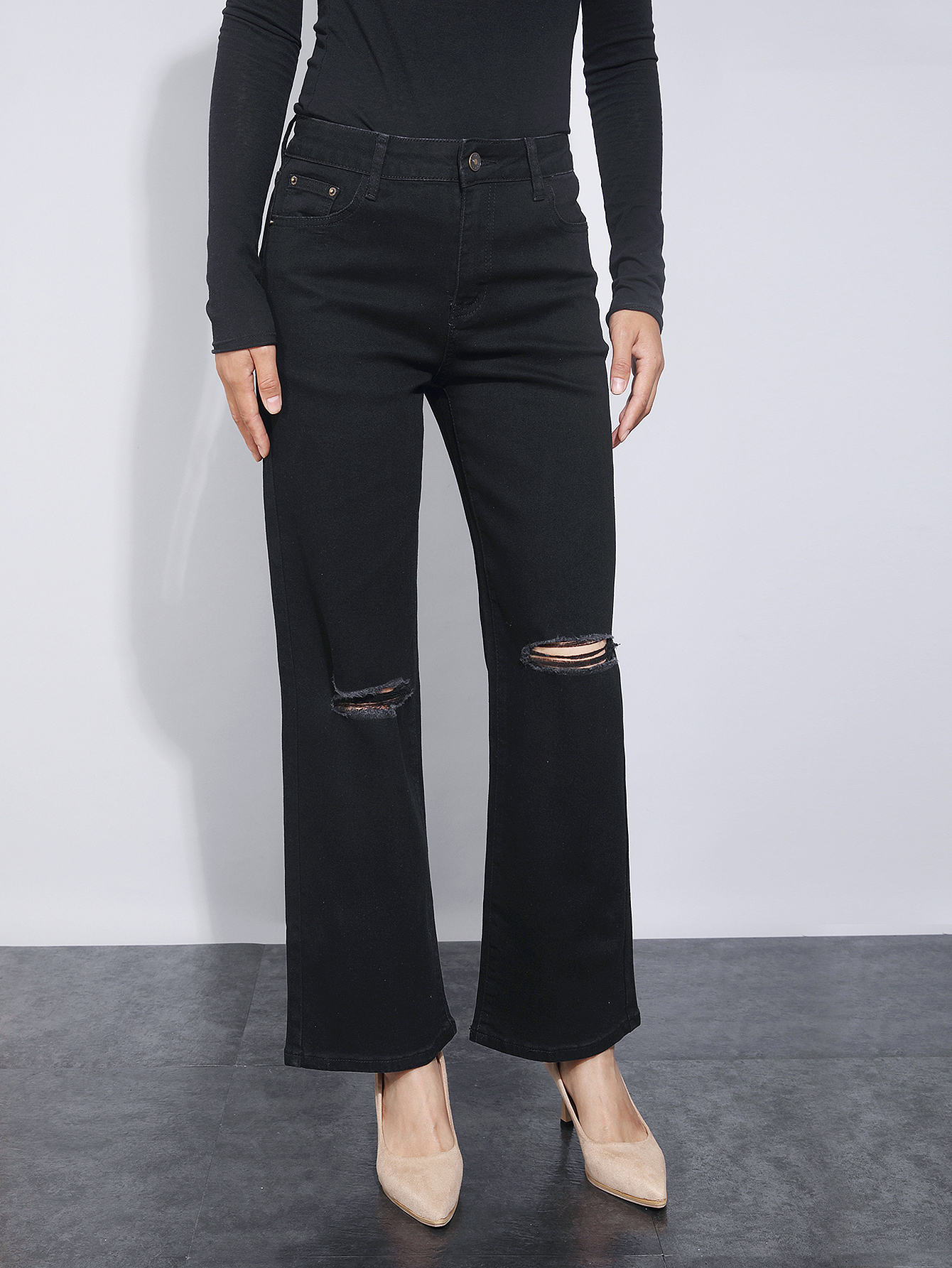 2025 New stretch perforated straight-leg trendy slim-fit jeans women jeans---tg0022