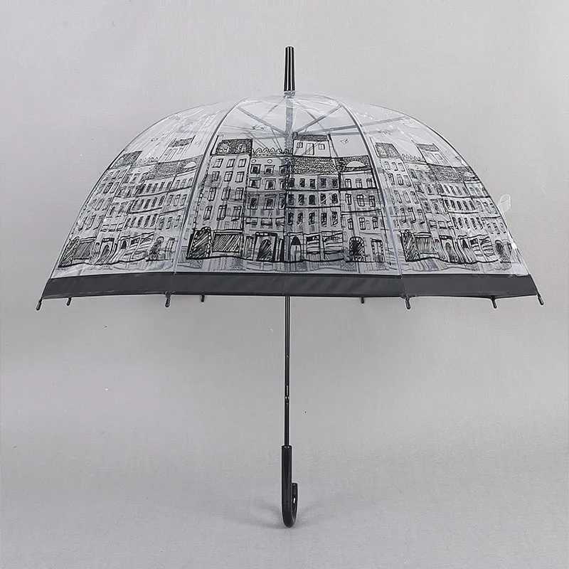 Women Transparent Clear Umbrellas House Building Outdoor Lady Girl Mushroom Umbrella With Long Handle Large Colorful UmbrellaM251122