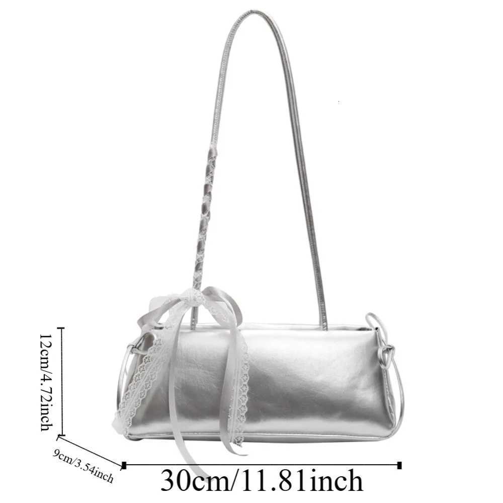 Solid Color French Stick Handbag High Quality Bow Ribbon Silver PU Shoulder Bag Large Capacity Waterproof Cylinder Underarm BagsT251122