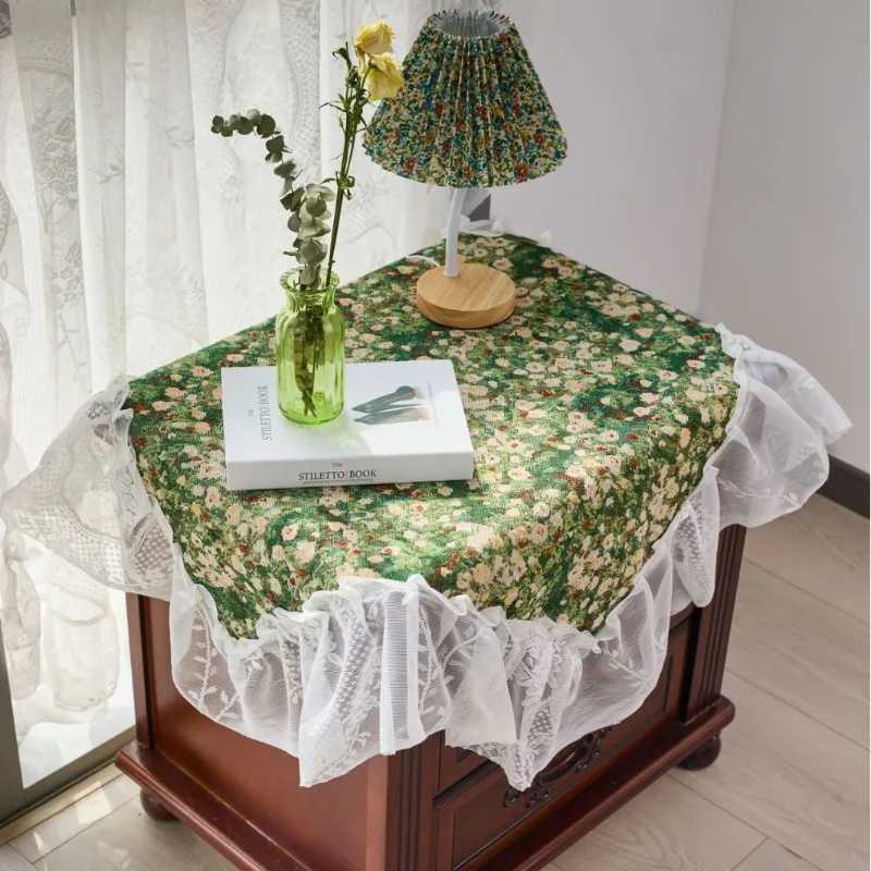1PC Tablecloth Jacquard Green Flower Camping Outdoor Tablecloth Lace Ruffle Edge Multi-purpose Cover Bedside Table C251122