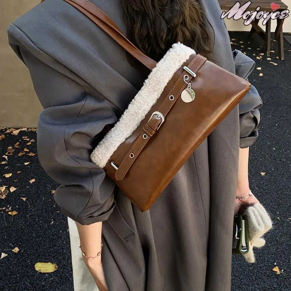 Women PU Lambswool StiTChing Shoulder Bag with Belt Vintage Small SaTChel Tote Bag Daily Underarm Pouch Travel Handbag K251121