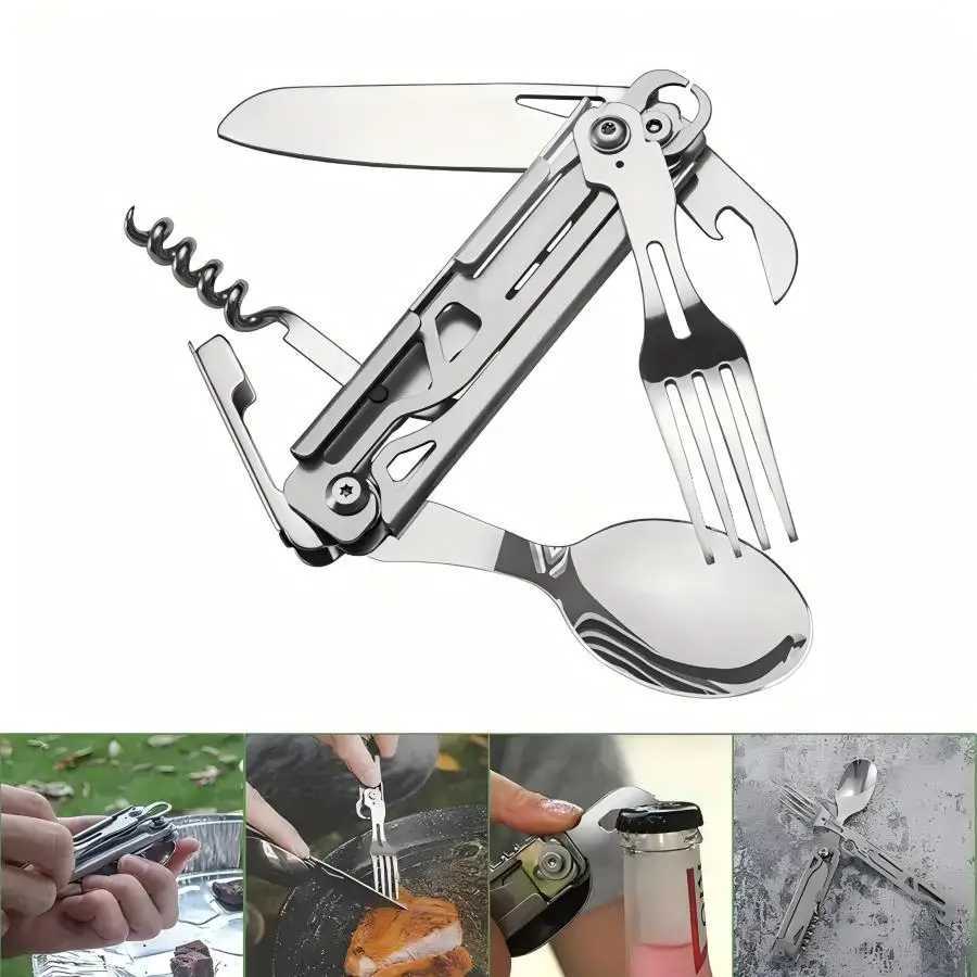 1 pc 6 in 1 Multifunctional Folding Outdoor Tableware Camping Portable Meal Knife Fork Spoon Bottle Outdoor Camping Cookware J251121