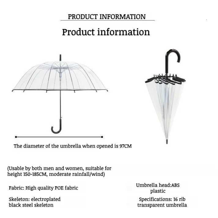 Transparent Umbrella Long Handle Thickened 16-rib Transparent Umbrella Artistic Street Photography Transparent Umbrella StudentM251122