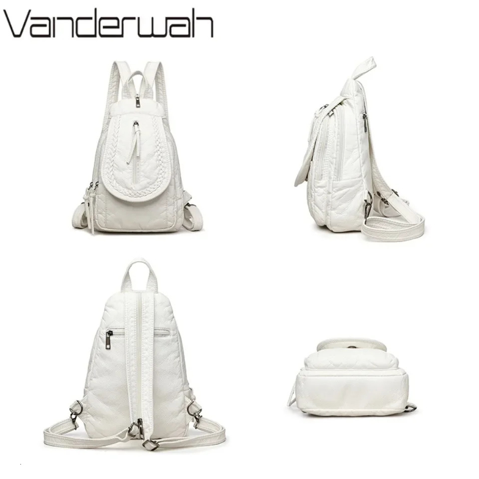 White Backpack For Women Small Shoulder Bag Multipocket Rucksack Ladies High Quality Soft Leather Sac A Dos Casual Teenager 251111