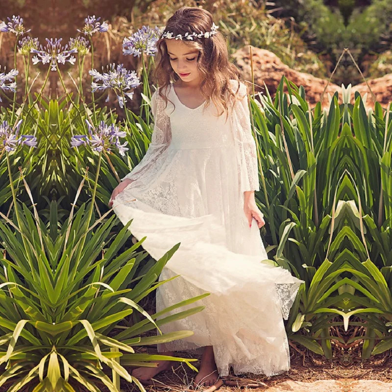 Princess Girls Lace Chiffon Long Dresses Kids Flower Girl Wedding Dress Summer Boho Birthday Party Wedding Dress For 2-14 Years 250421bj