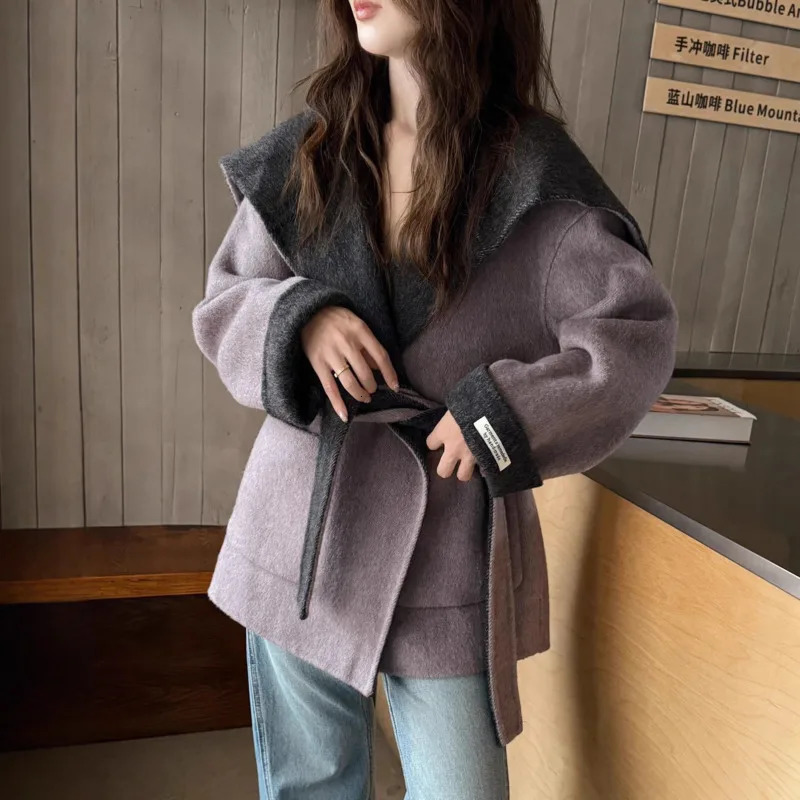 GVUW Fashion Short Wool Coat Womens Large Lapel Lace Up Double Sided Woolen Coats 2025 Winter Products 17S2256 251112