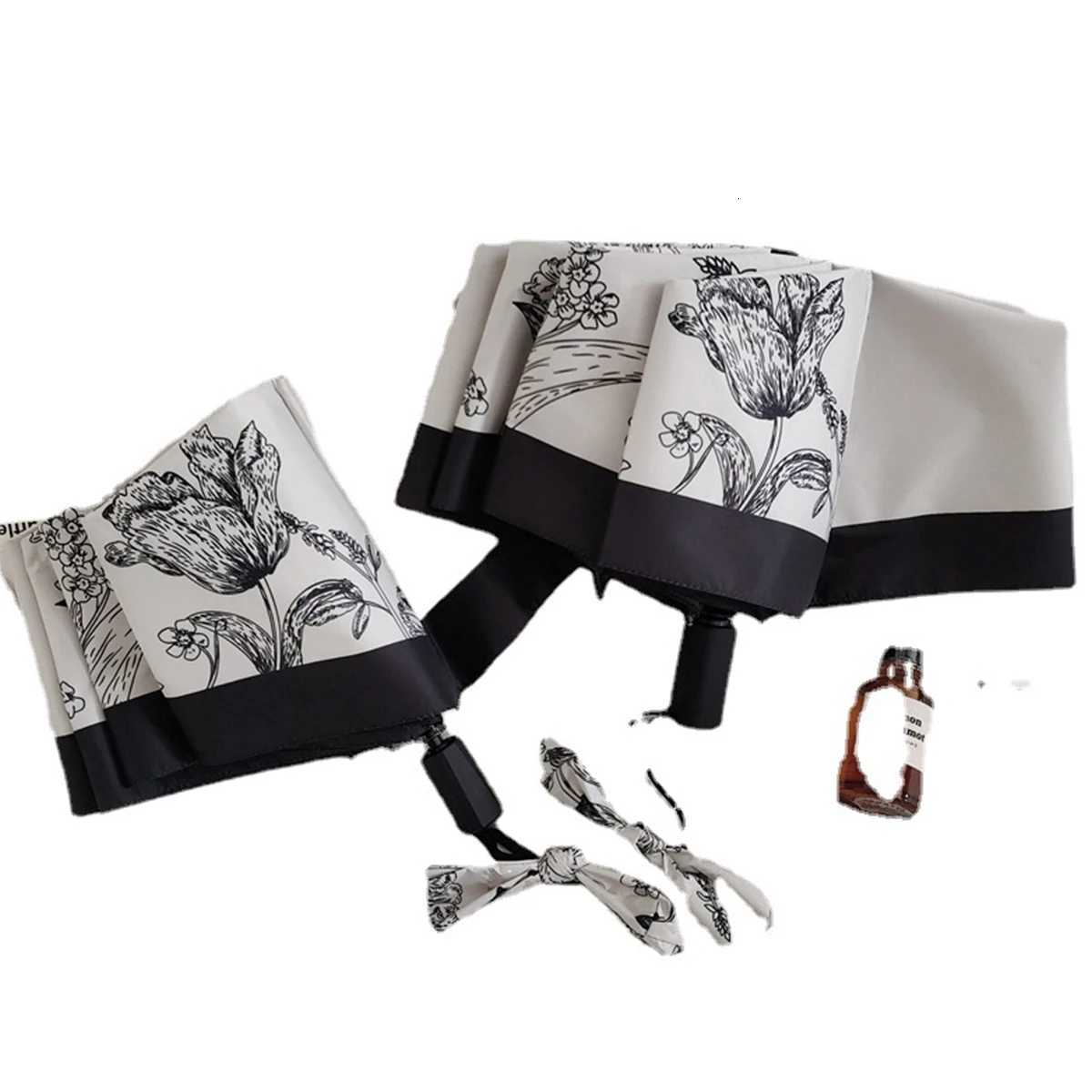 Retro Umbrella for Women Rain or Shine Fully Automatic Vinyl Parasol Ins Style Sun Protection Sun Umbrella High-end FrenchM251122