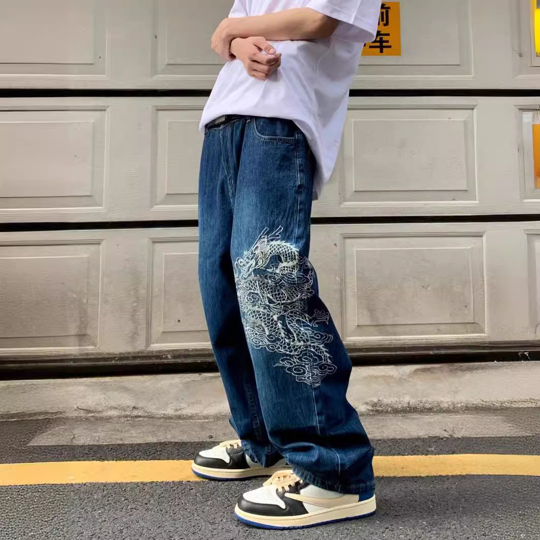 Embroidered Dragon Totem Jeans Hip Hop Baggy Jeans Streetwear Y2k Jeans Loose Wide Leg Denim High Quality 240913