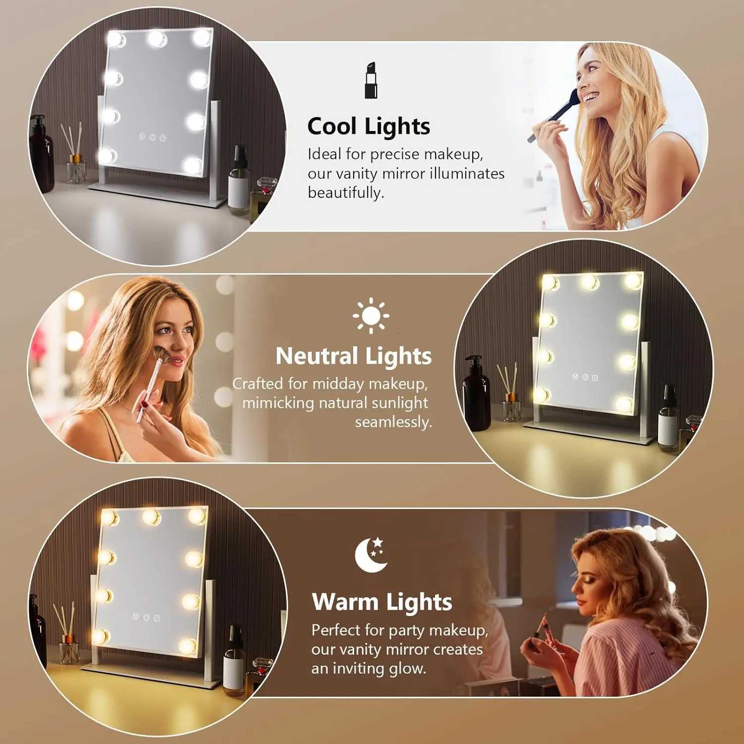 Vanity Mirror with Lights Hollywood Makeup Mirror with 9 LED Bulbs 3 Color Lighting 360Rotation for Dressing Room Bedroom M251122