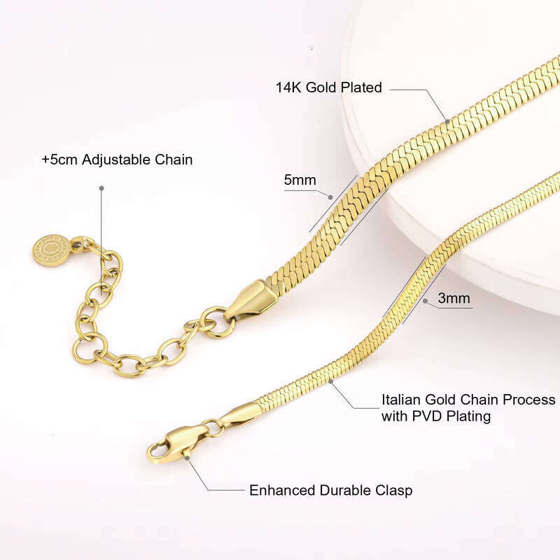 3mm Snake 14k Real Plated Flat Franco Herringbone Women's Gift Italian Gold PVD Chain Craft sterling silver Necklace