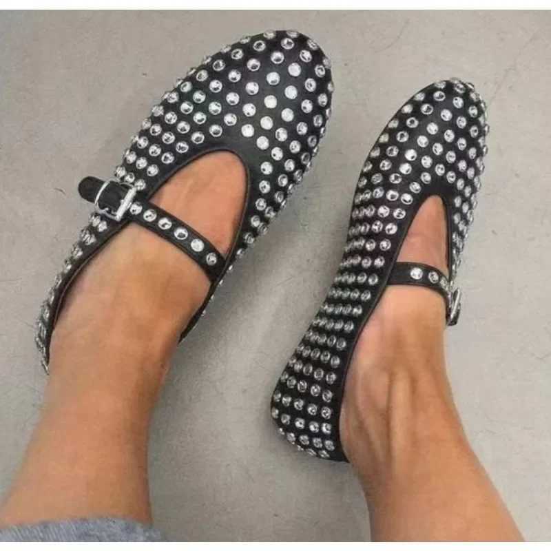 Luxury Crystal Rhinestone Fishnet Ballet Flats Woman Brand Design Rivet Studs Mesh Mary Jane Shoes Ladies Summer Cut Out Loafers X251122