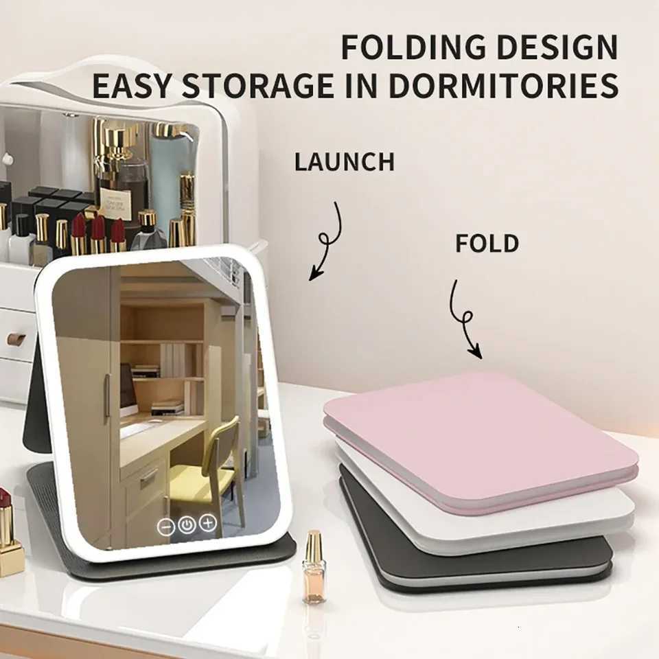 Fold LED Dimmable Makeup Mirror 3 Colors Light Adjustable Brightness USB Charging Fold Mirror Tabletop Vanity Mirror for Travel M251122