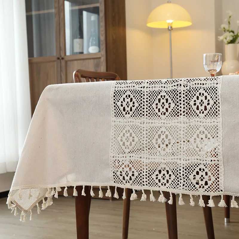 Double Idyllic Dining Table Clothcotton Thread Crochet Coffee Table Tableclothsolid Color Light Luxury Hollow Splicing Cover C251122