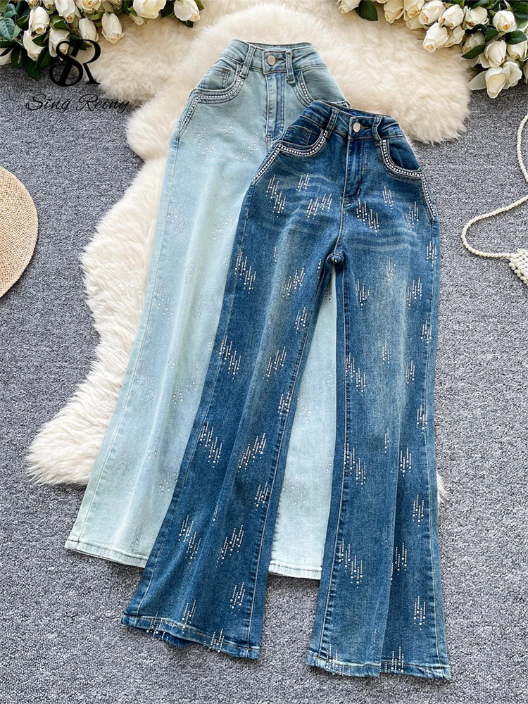 SINGREINY Autumn Diamond Denim Long Pants Womens Pockets Bodycon sweet Casual Trousers Fashion Shiny Retro Wide Leg Jeans 251111