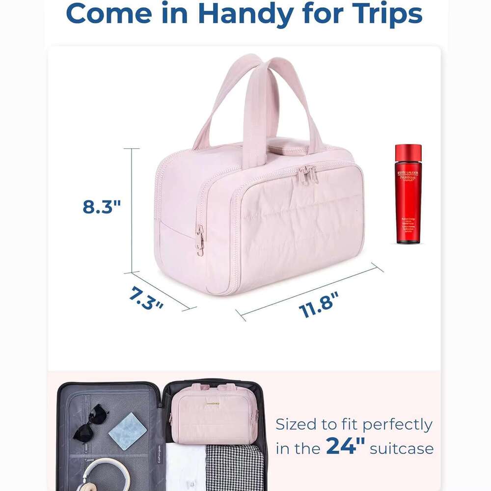 m Large Pink Folding Foldable Puffy Quilted Travel Toiletry Makeup Cosmetic Organizer Bag Case Washable Women